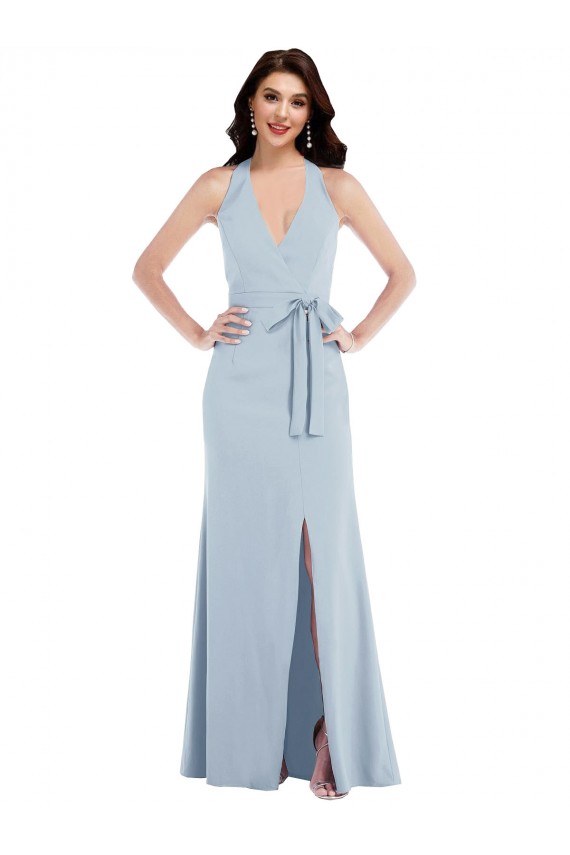 Long Sleeveless Stretch Crepe Light Sky Blue Halter Neck A-Line Formal Evening Dress