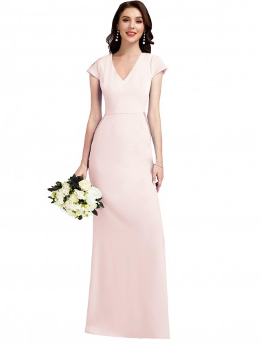 Long Cap Sleeves Stretch Crepe Pink A-Line Formal Evening Dress for Sale