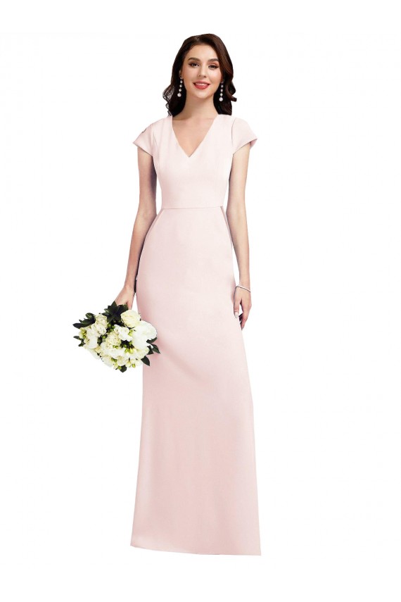 Long Cap Sleeves Stretch Crepe Pink A-Line Formal Evening Dress