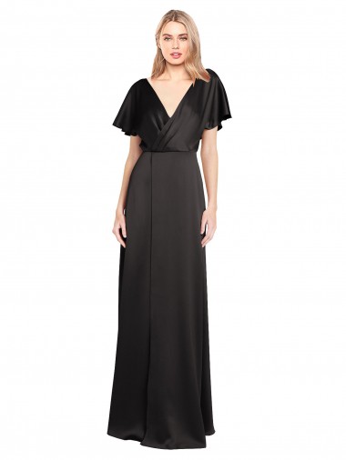 Long Cap Sleeves Stretch Satin Black A-Line Evening Dress for Sale