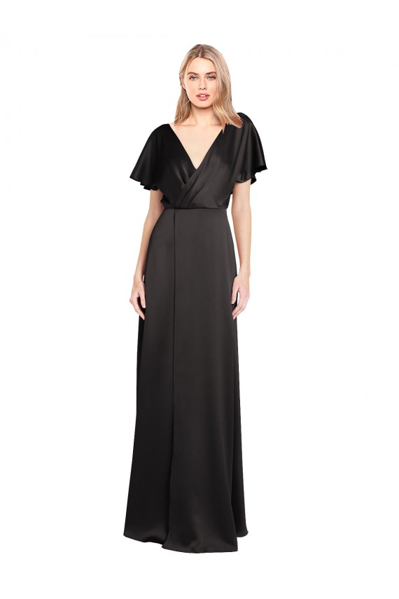 Long Cap Sleeves Stretch Satin Black A-Line Evening Dress