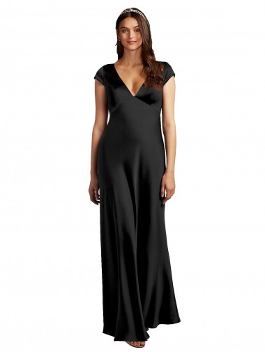Long Cap Sleeves Stretch Satin Black A-Line Formal Evening Dress for Sale