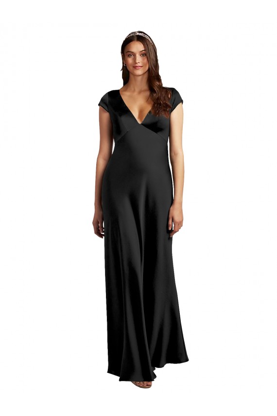 Long Cap Sleeves Stretch Satin Black A-Line Formal Evening Dress