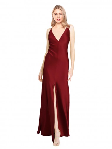 Long Sleeveless Stretch Satin Burgundy V-Neck A-Line Black Tie Evening Dress for Sale