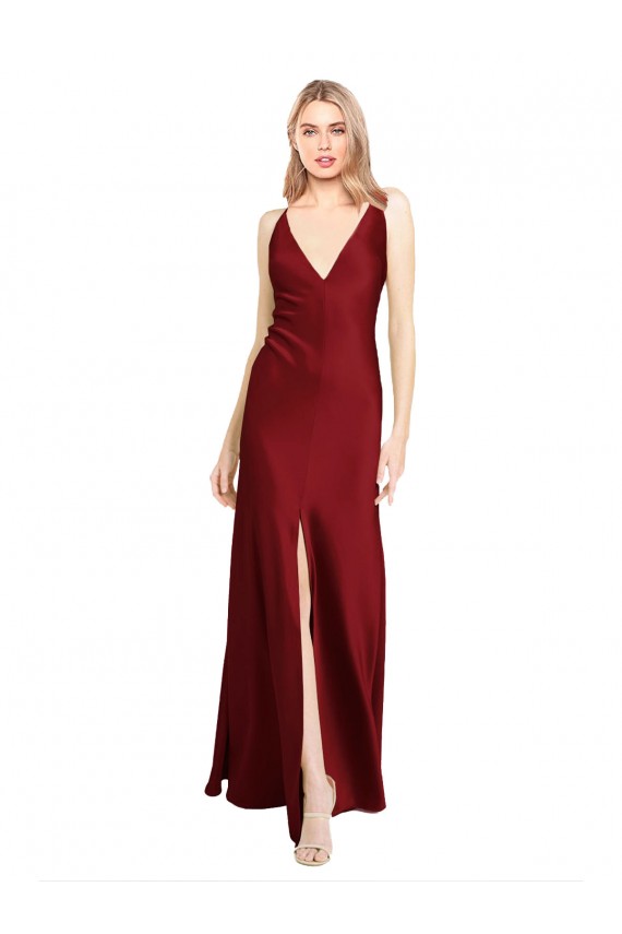 Long Sleeveless Stretch Satin Burgundy V-Neck A-Line Black Tie Evening Dress
