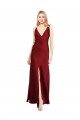 Long Sleeveless Stretch Satin Burgundy V-Neck A-Line Black Tie Evening Dress