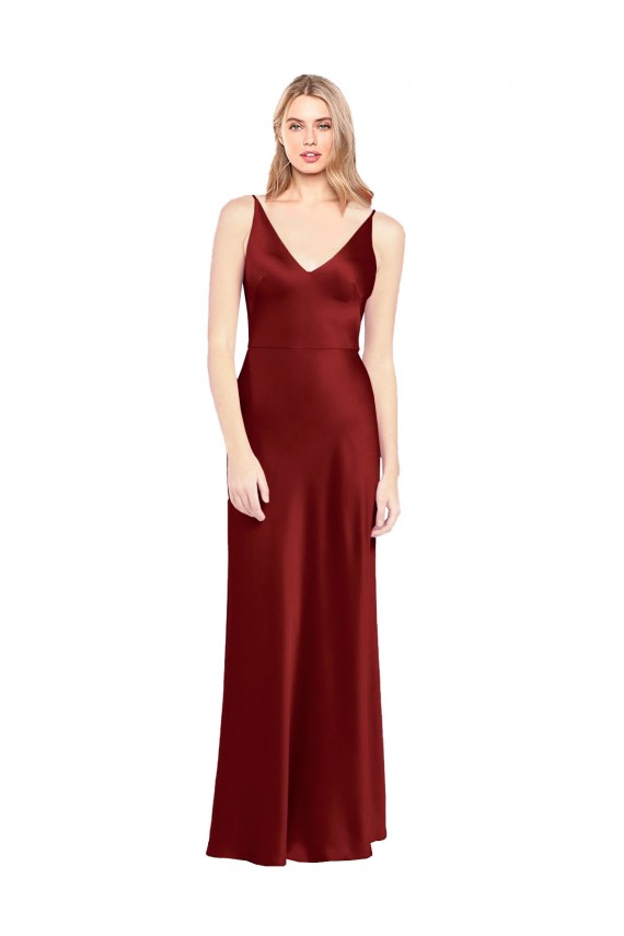 Long Sleeveless Stretch Satin Burgundy A-Line Formal Evening Dress