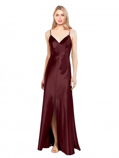 Long Sleeveless Stretch Satin Burgundy Gold A-Line Evening Dress for Sale