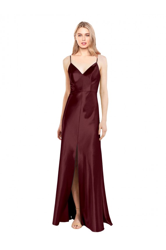 Long Sleeveless Stretch Satin Burgundy Gold A-Line Evening Dress