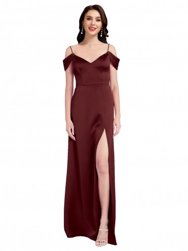 Long Sleeveless Stretch Satin Burgundy Gold A-Line Formal Dress for Sale