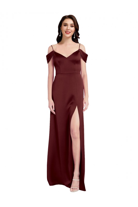 Long Sleeveless Stretch Satin Burgundy Gold A-Line Formal Dress