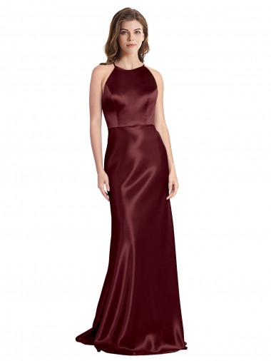 Long Sleeveless Stretch Satin Burgundy Gold A-Line Formal Evening Dress for Sale