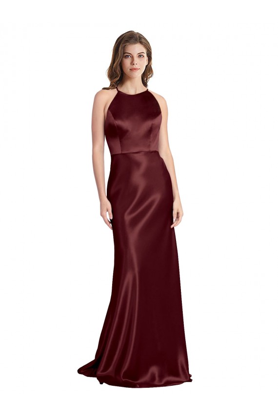 Long Sleeveless Stretch Satin Burgundy Gold A-Line Formal Evening Dress