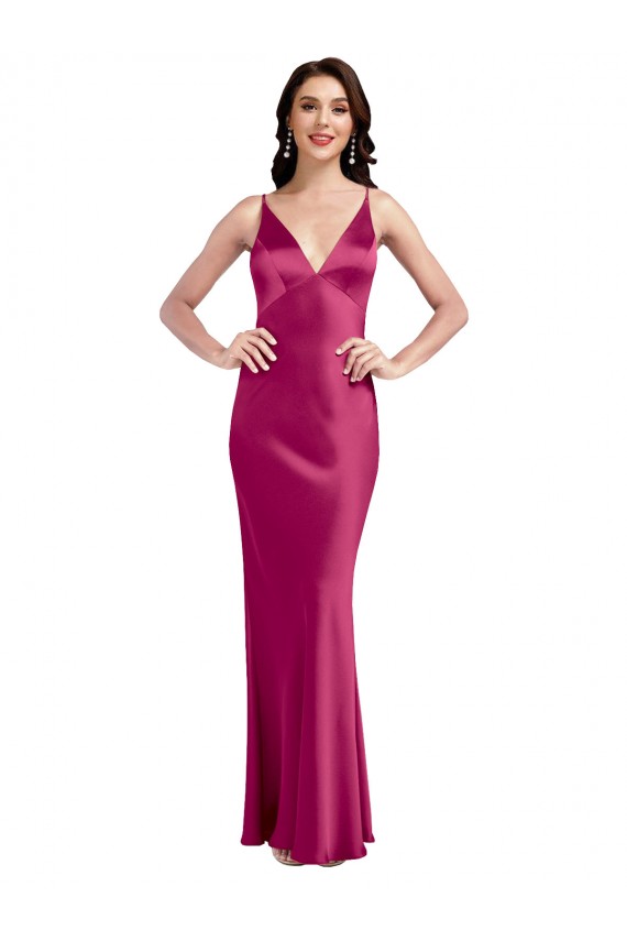 Long Sleeveless Stretch Satin Fuchsia A-Line Formal Evening Dress