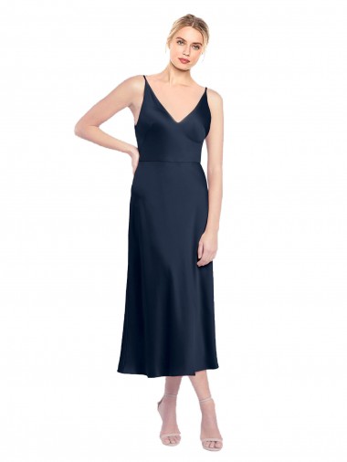 Midi Length Sleeveless Stretch Satin Dark Navy A-Line Formal Evening Dress for Sale