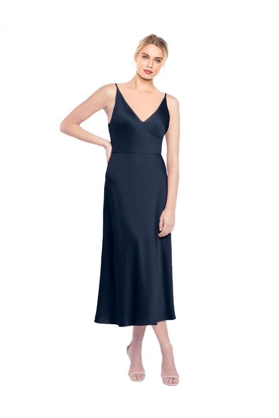 Midi Length Sleeveless Stretch Satin Dark Navy A-Line Formal Evening Dress