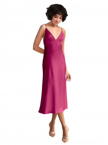 Midi Length Sleeveless Stretch Satin Fuchsia A-Line Formal Evening Dress for Sale