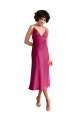 Midi Length Sleeveless Stretch Satin Fuchsia A-Line Formal Evening Dress