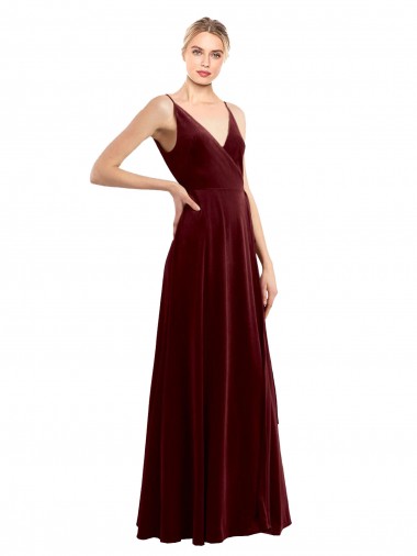 Long Sleeveless Stretch Velvet Burgundy A-Line Evening Dress for Sale