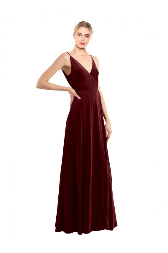 Long Sleeveless Stretch Velvet Burgundy A-Line Evening Dress