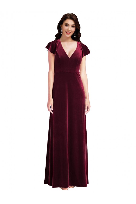 Long Flutter Sleeves Stretch Velvet Burgundy A-Line Semi Formal Evening Dress