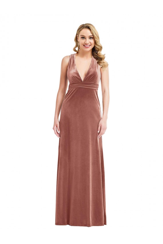 Long Sleeveless Stretch Velvet Cinnamon Rose A-Line Evening Dress
