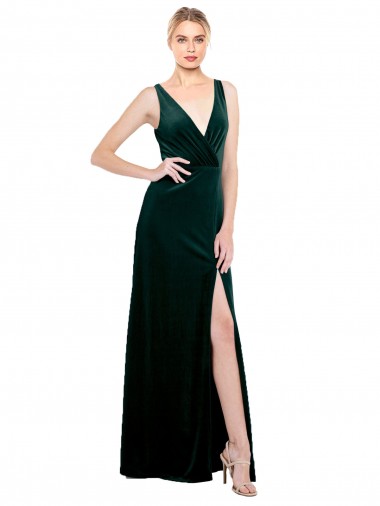 Long Sleeveless Stretch Velvet Dark Green A-Line Black Tie Evening Dress for Sale