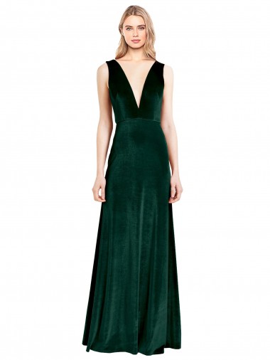 Long Sleeveless Stretch Velvet Dark Green A-Line Evening Dress for Sale