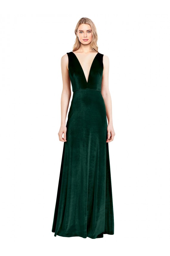 Long Sleeveless Stretch Velvet Dark Green A-Line Evening Dress