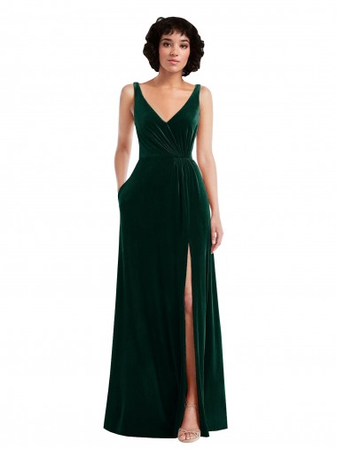 Long Sleeveless Stretch Velvet Dark Green A-Line Evening Gown for Sale