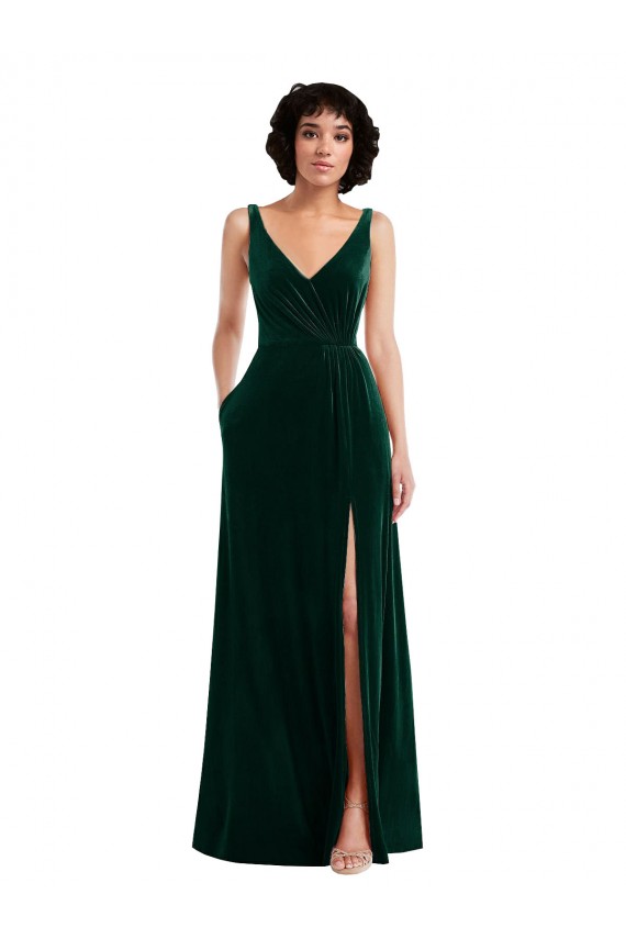 Long Sleeveless Stretch Velvet Dark Green A-Line Evening Gown
