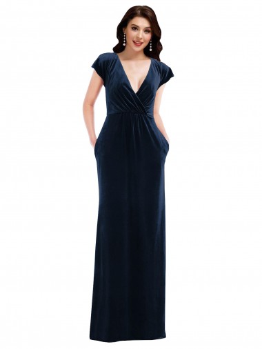 Long Flutter Sleeves Stretch Velvet Dark Navy A-Line Formal Dress for Sale