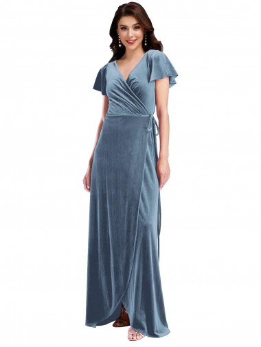 Long Flutter Sleeves Stretch Velvet Dusty Blue A-Line Black Tie Evening Dress for Sale