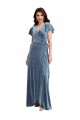 Long Flutter Sleeves Stretch Velvet Dusty Blue A-Line Black Tie Evening Dress