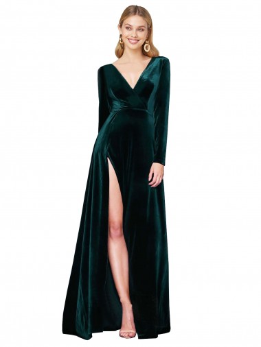 Sweep Train Long Sleeves Stretch Velvet Dark Green A-Line Black Tie Evening Dress for Sale