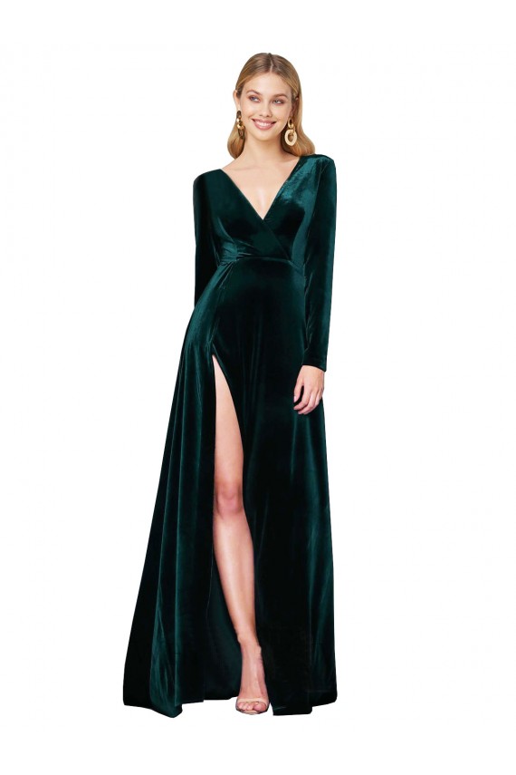 Sweep Train Long Sleeves Stretch Velvet Dark Green A-Line Black Tie Evening Dress