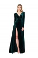Sweep Train Long Sleeves Stretch Velvet Dark Green A-Line Black Tie Evening Dress