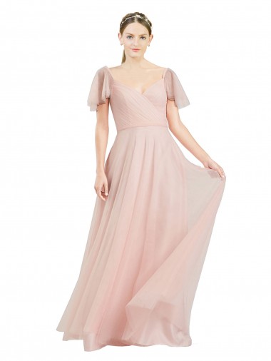 Long Flutter Sleeves Tulle Pink A-Line Formal Dress for Sale