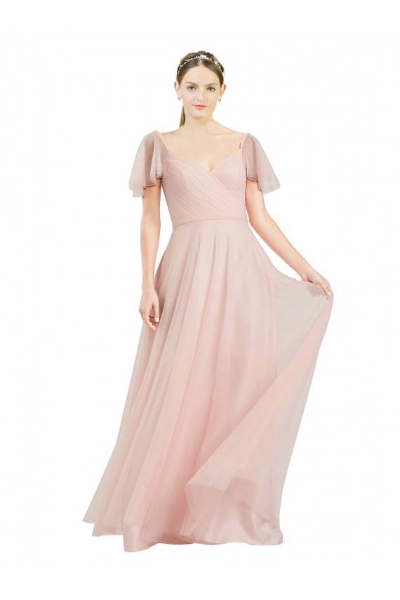 Long Flutter Sleeves Tulle Pink A-Line Formal Dress