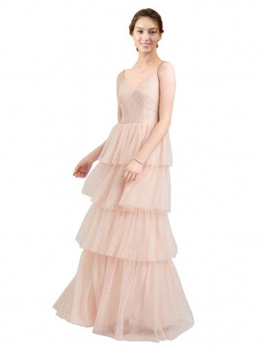 Long Sleeveless Tulle Pink V-Neck A-Line Semi Formal Evening Dress for Sale