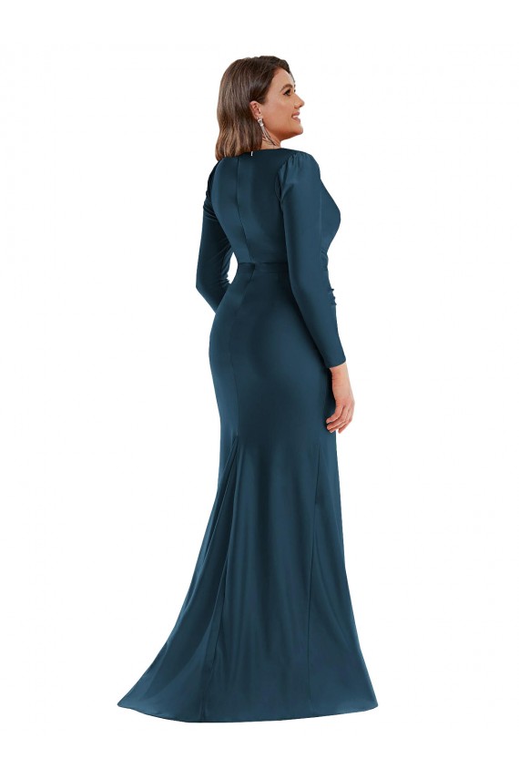 Long Long Sleeves Silky Satin Atlantic Blue Mermaid Plus Size Formal Evening Dress