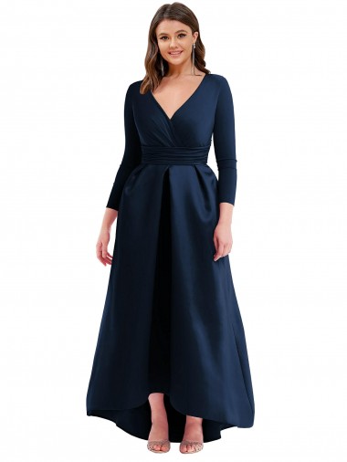Long Long Sleeves Spandex Dark Navy Ball Dress High Low Plus Size Evening Dress for Sale