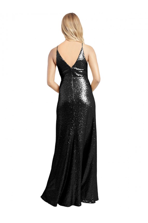 Long Sleeveless Sequin Black A-Line Formal Evening Dress