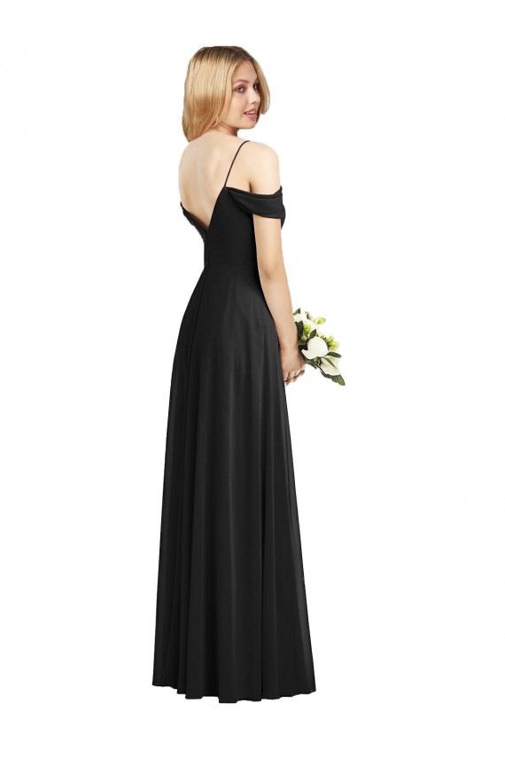 Long Cold Shoulder Soft Chiffon Black A-Line Semi Formal Evening Dress