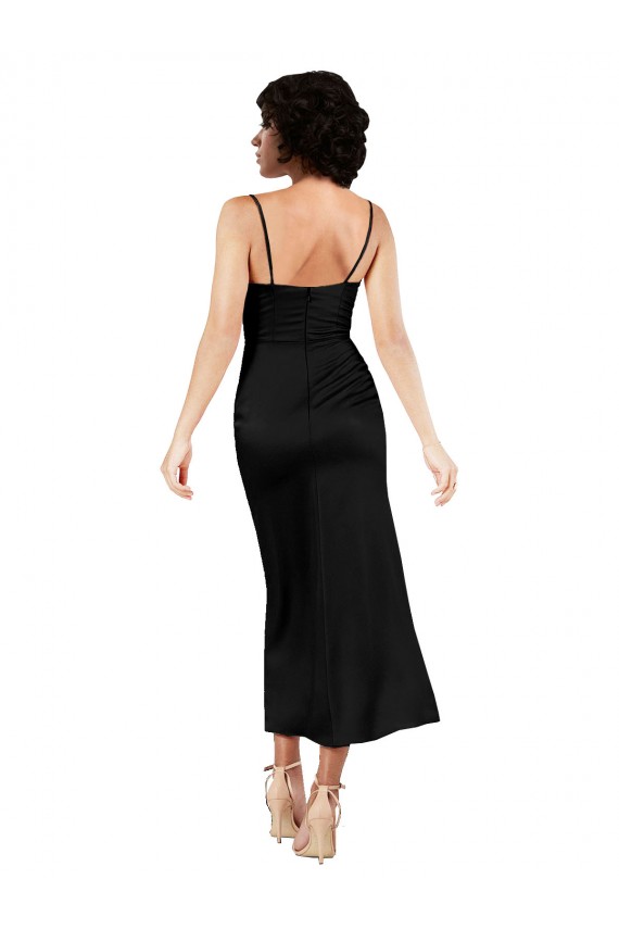 Tea Length Sleeveless Silky Satin Black A-Line Formal Evening Dress