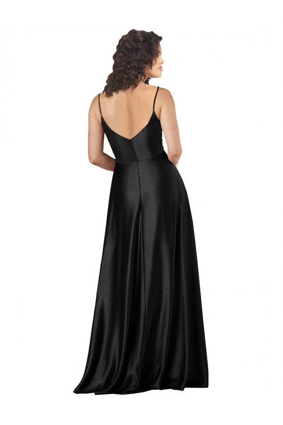 Long Sleeveless Silky Satin Black A-Line Formal Dress