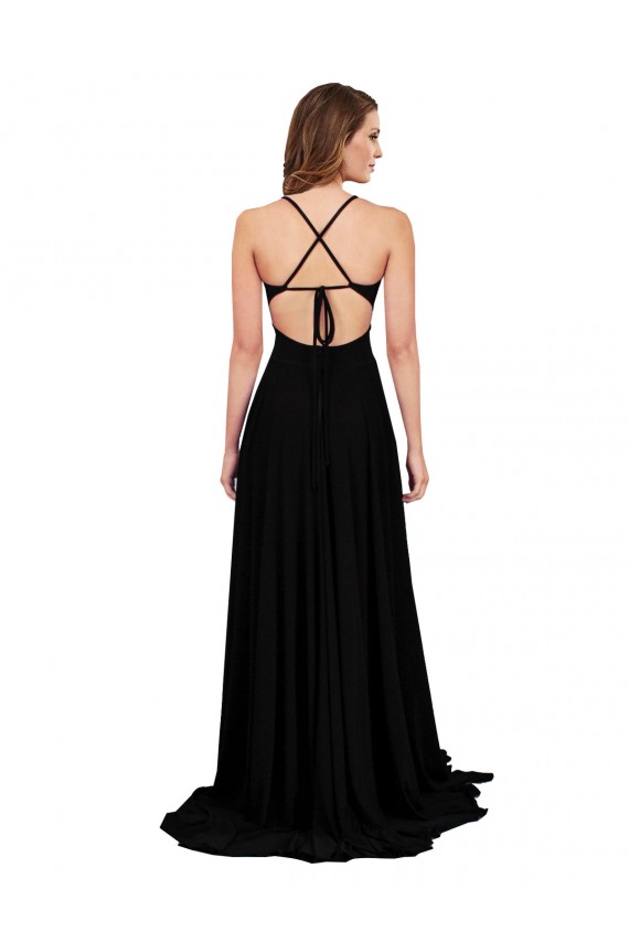 Long Sleeveless Spandex Black A-Line Black Tie Evening Dress