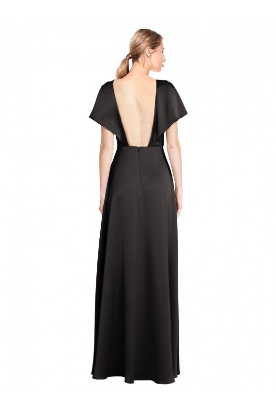 Long Cap Sleeves Stretch Satin Black A-Line Evening Dress