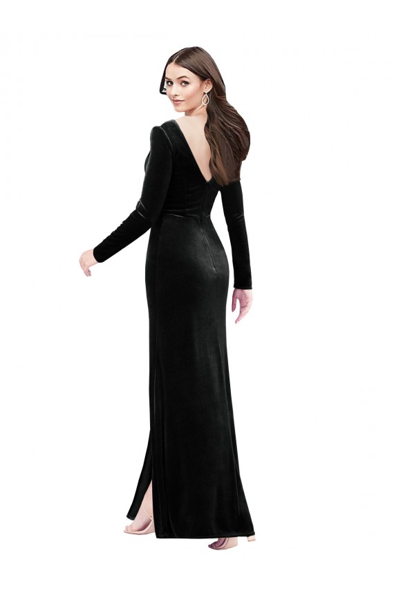 Long Long Sleeves Stretch Velvet Black Column Formal Evening Dress