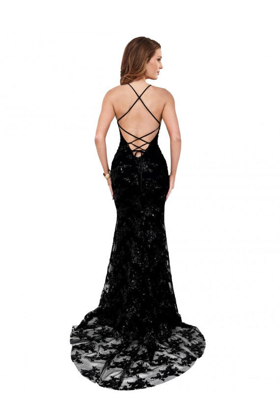 Long Sleeveless Lace Black Mermaid Black Tie Evening Dress